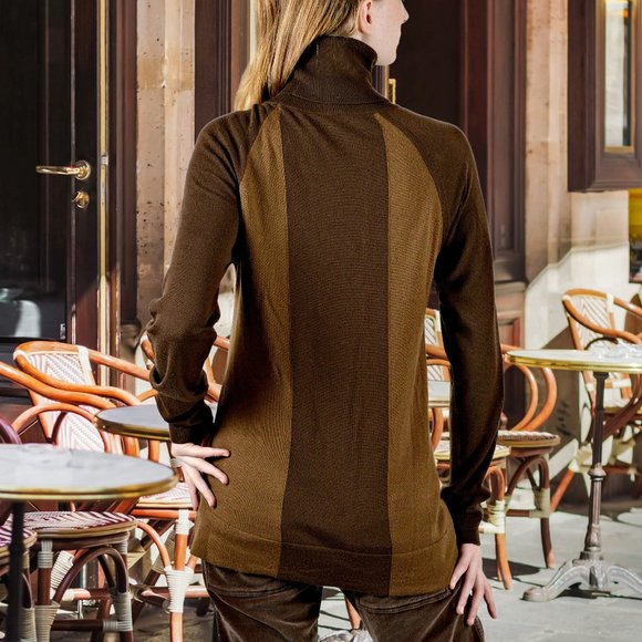 Designer Brown Two Tone Long Turtleneck Sweater - Picture 4 of 5